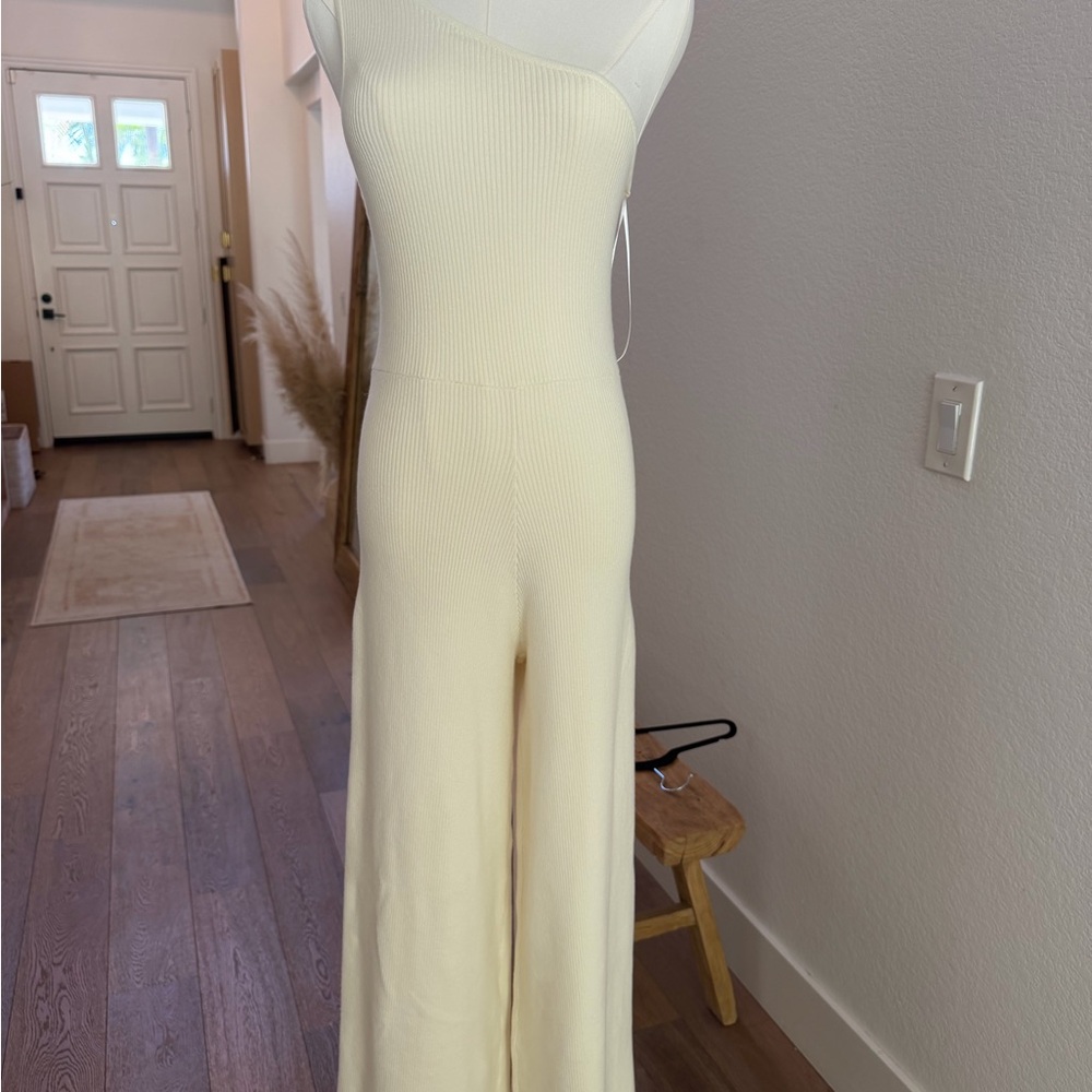 Free People Cream One-Shoulder Ribbed Wide-Leg Jumpsuit